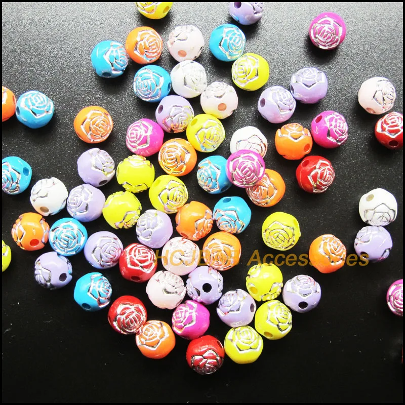 

80Pcs Round Pure Mixed Acrylic Rose Flower Plastic Spacer Beads Charms 8mm