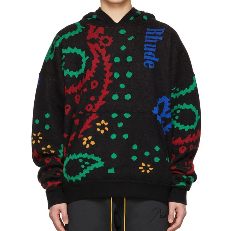 

New Style Cashew Flower Logo Jacquard Rhude Sweater Men Women Top Quality Vintage Rhude Knitted Hoodie 2023SS Pullover Hooded