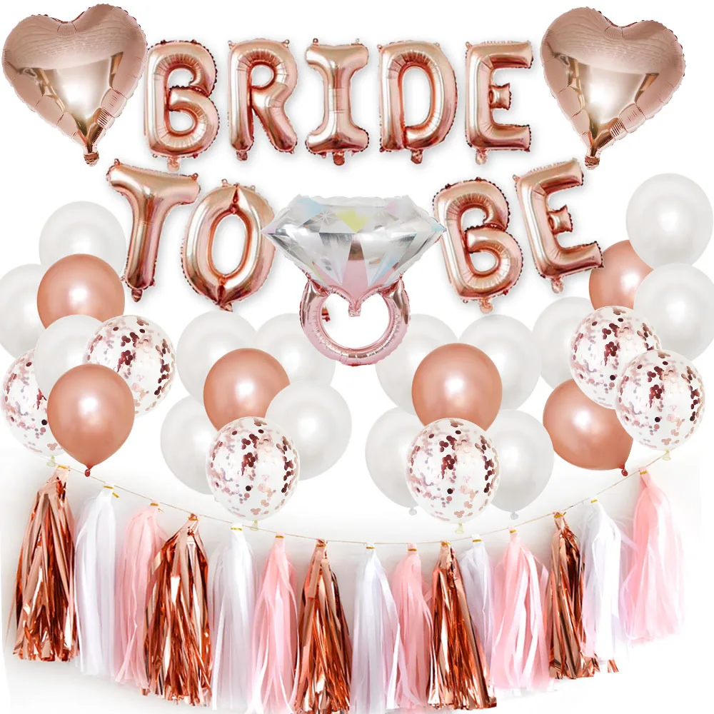 Decoraciones de despedida de soltera, Kit de globos de ducha nupcial, incluye globos de novia para ser, pancarta, anillo de diamantes, globos de papel de aluminio de corazón