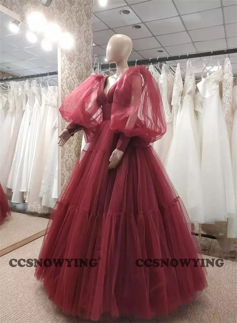 

Burgundy Tulle Puffy Sleeve Prom Dresses Lace-up Back Double V Neck Formal Evening Party Ball Gowns Robes De Soirée