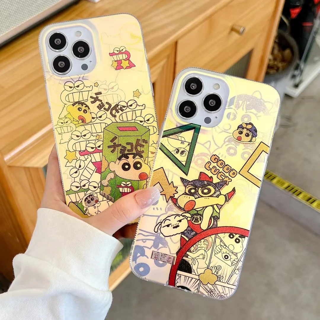 

Crayons Shinchans laser gradient color cartoon Phone Cases For iPhone 14 13 12 11 Pro Max Back Cover