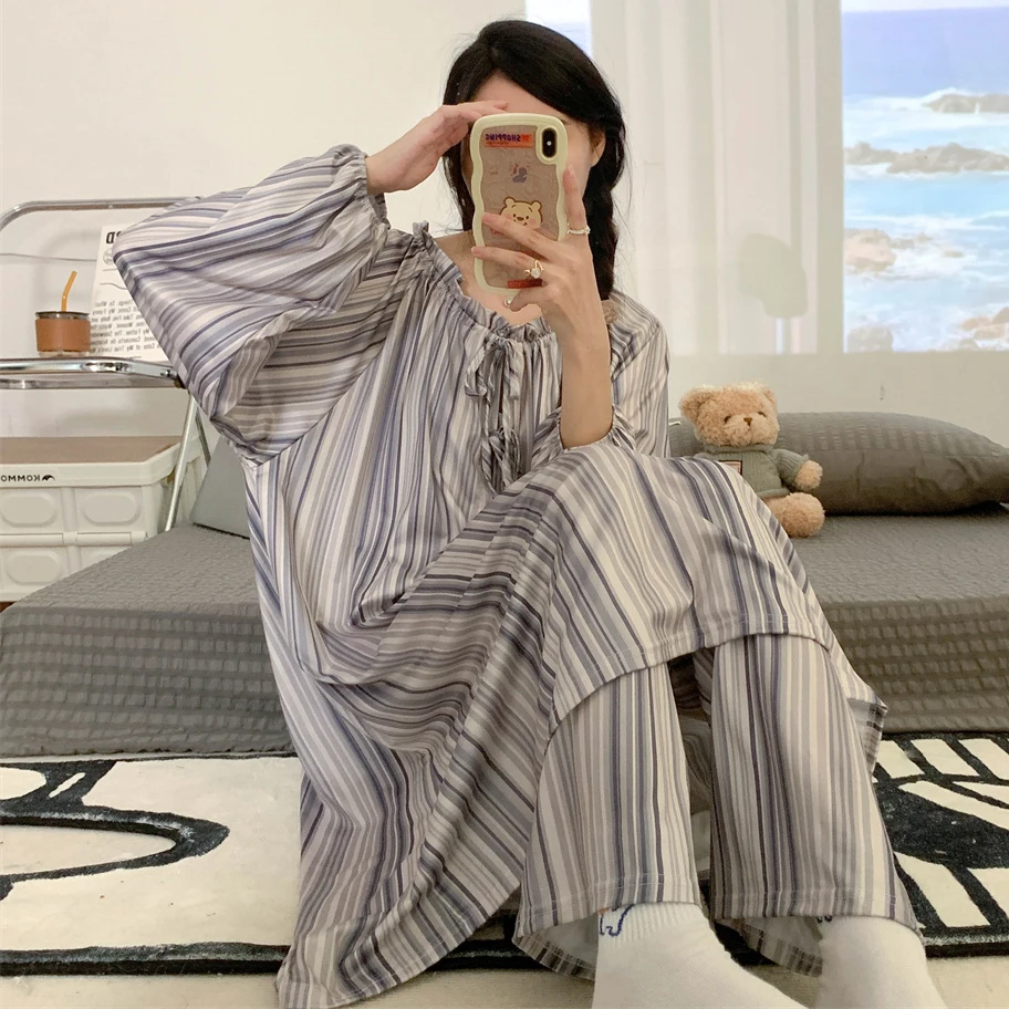 CAIYIER Soft Korean Stripe Women Pajamas Set Autumn Winter Longer Coat + Long Pants Nightwear Two Piece Set Pyjamas Loungewear
