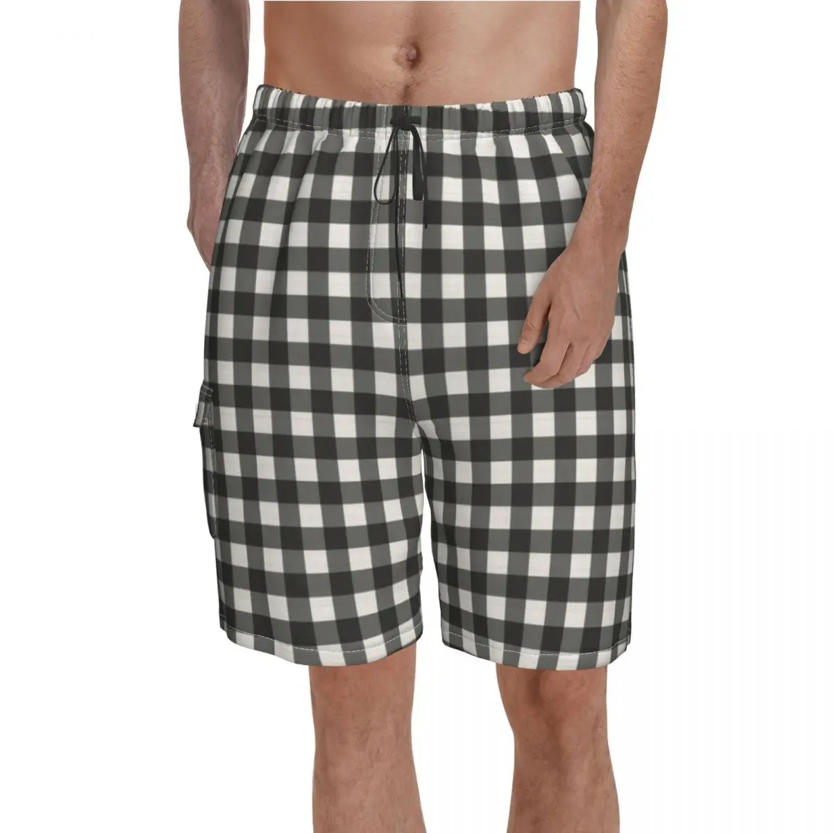 

Classic Checkerboard Plaid Board Shorts Black Checker Males Classic Beach Shorts Trenky Custom Plus Size Swimming Trunks