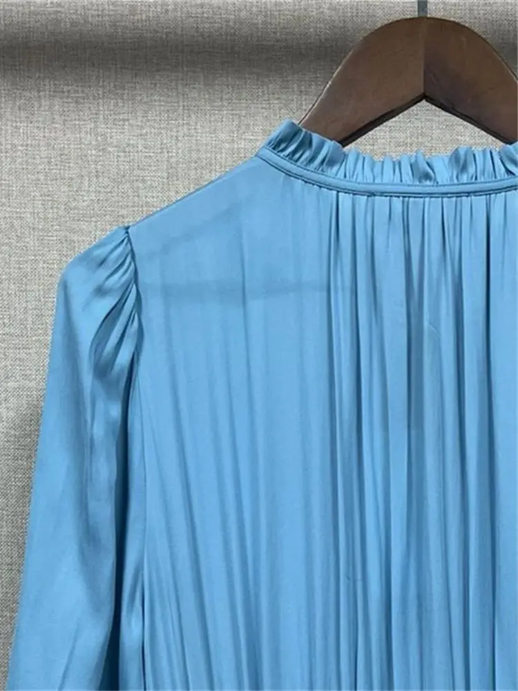 Cascade Ruffle Robe Women Light Blue Slim Elastic High Waist Puff Sleeve 2023 New Spring Summer Lace-up Lady Midi Dress