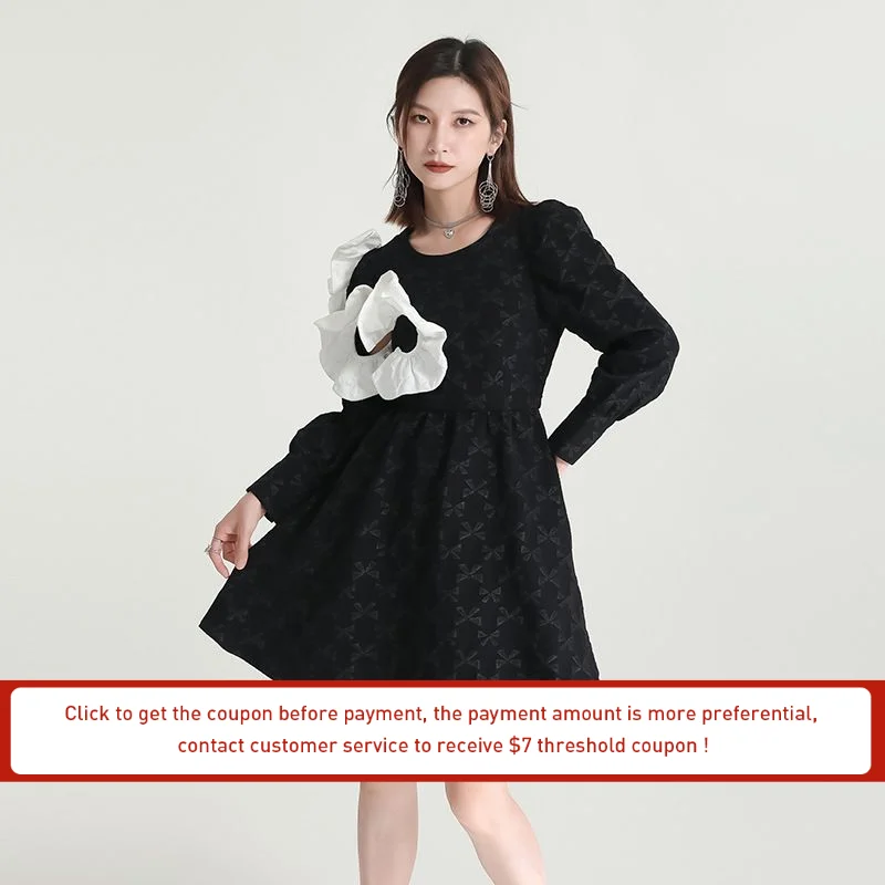 Leoralx 2023 Original Design Japanese Commuter Dress Bow Round Neck Jacquard Japanese Dress Long Sleeve Black Dress J0080