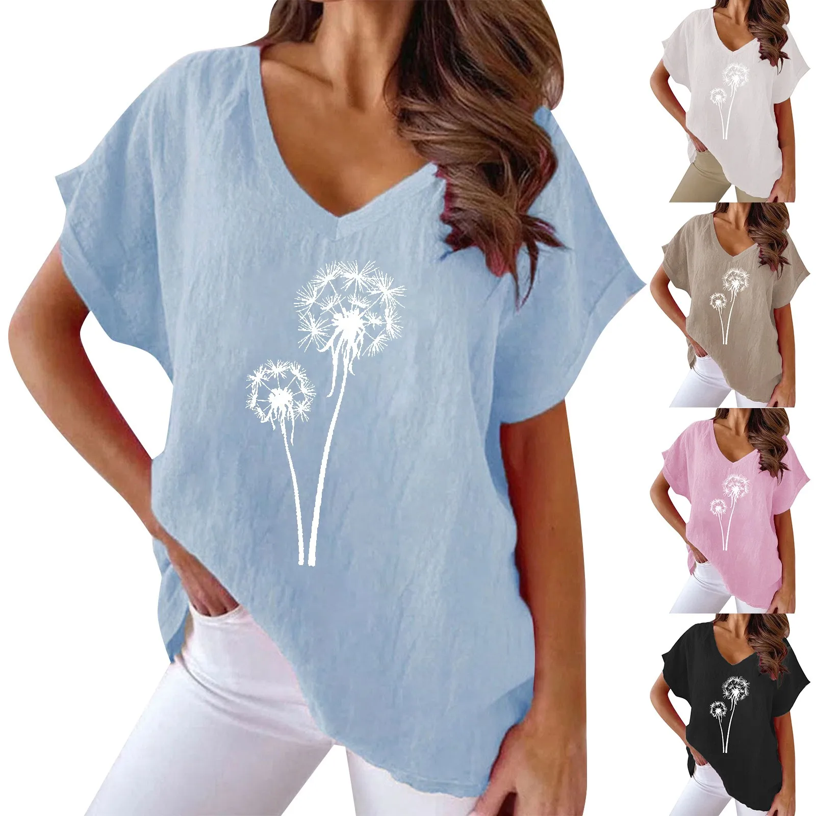 

Women's Short Sleeved Dandelion Print V Neck Loose Casual T Shirt Shirts Women