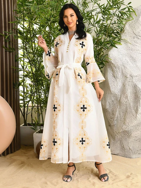 Kaftan Morocco Fashion 2023 Autumn Winter Embroidered Long Dress Muslim Abayat Casual Split Hem Ladies Dresses With Belt