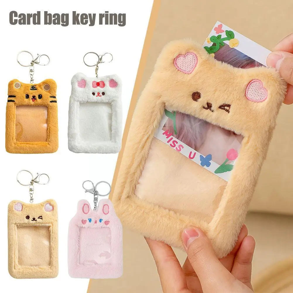 

Cute Bear Rabbit Plush Photocard Holder Cute Kpop Idol Card Sleeve Photo Cover Case With Keychain ID Pendant Album Bag H2K3