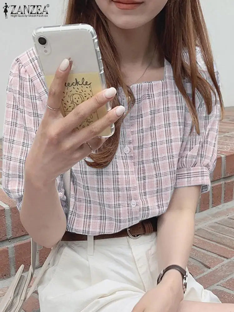 

Модные женские блузки в клетку ZANZEA 2022, летние топы, повседневные блузы с коротким рукавом, Женские топы с квадратным вырезом, клетчатая соро...