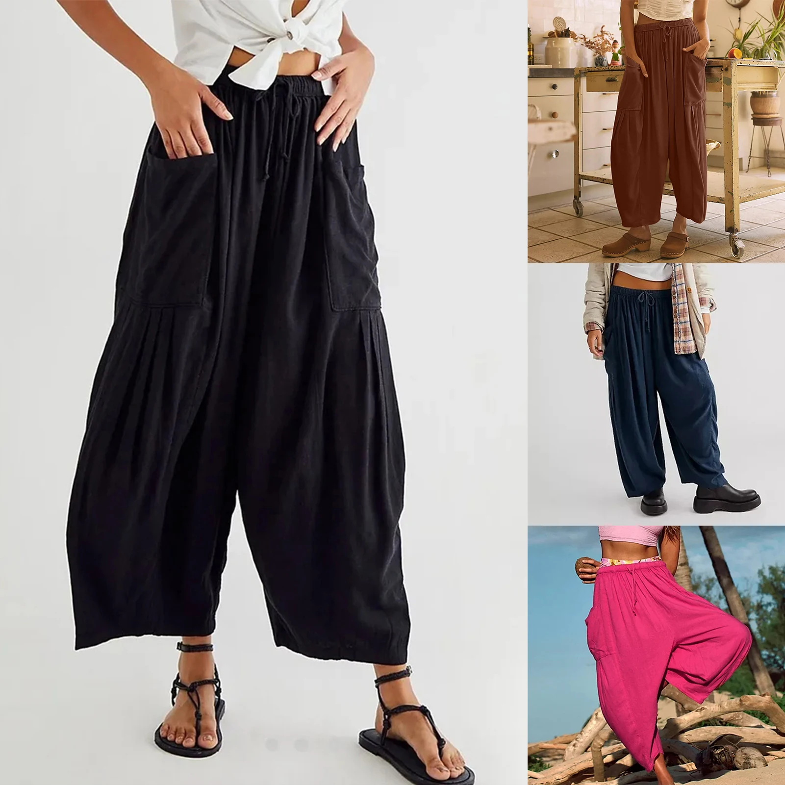 

Women's Pants Wide Leg Pants Pockets 2023 Cotton Home Wear Loose Pants Women Summer Casual Baggy Wide Leg Trousers Soft Pants