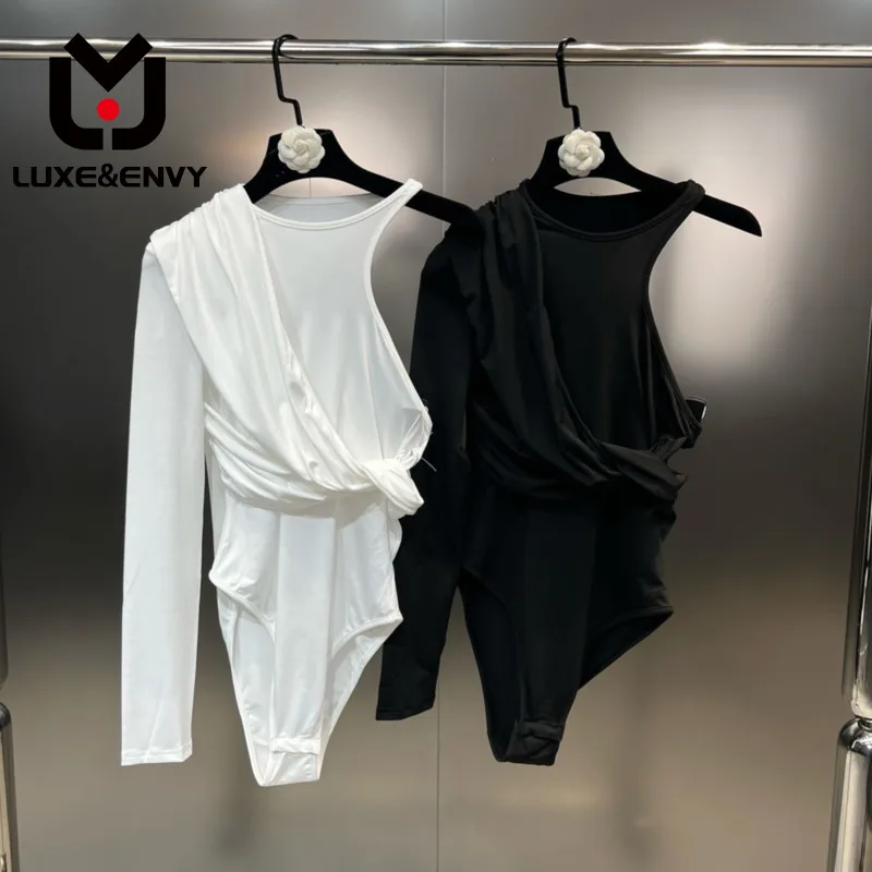 

Роскошные плиссированные простые универсальные комбинезоны люкс & ENVY, однотонные тонкие топы с круглым вырезом и длинным рукавом, Новинка лета 2023