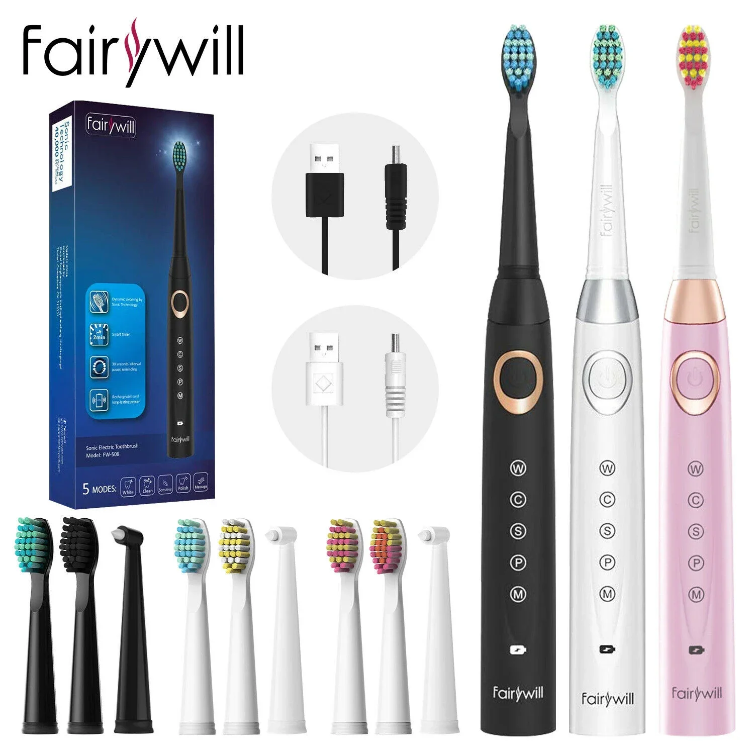 

Fairywill Electric Sonic Toothbrush FW-508 USB Charge Rechargeable Waterproof Electronic Tooth Replacement Brush Heads for Adult