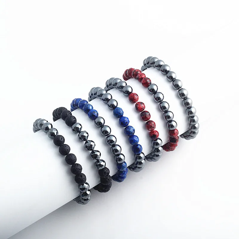 

Muti Design Natural Black Agate Lava Lapis Hematite Round Beads Elastic Bracelet For Fashion Men