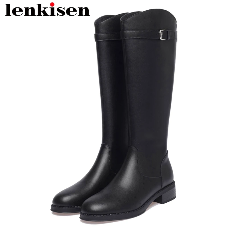 

Lenkisen Cow Split Leather Round Toe Riding Long Boots Med Heels Belt Buckle Stovepipe Cozy Simple Style Zipper Thigh High Boots