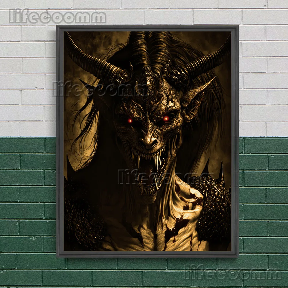 Портрет дьявола с длинными рогами винтажный настенный художественный холст