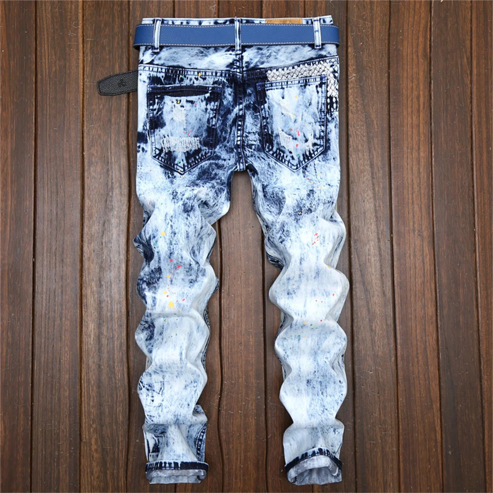 Men's Jeans With Ink Splashing Holes Straight Slim Personality Old-Fashioned Color-Blocking Patch Male Casual Denim Pants