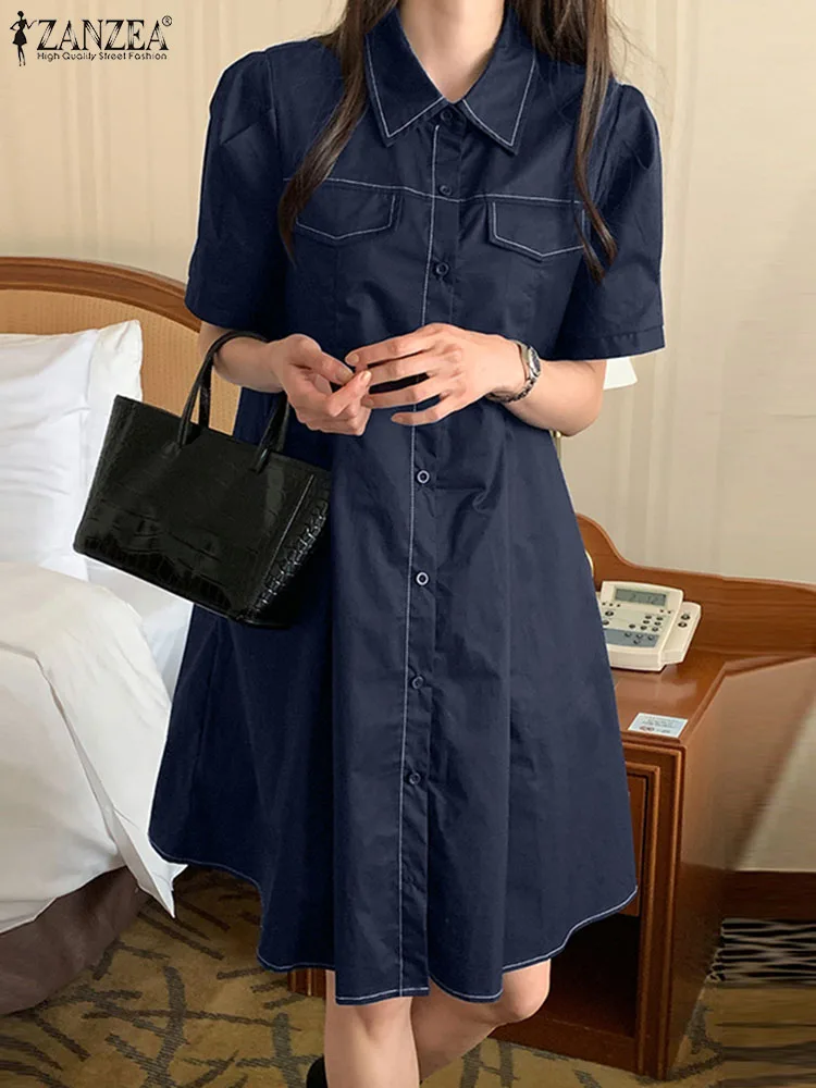 

Платье ZANZEA женское с коротким рукавом, офисное элегантное свободное ТРАПЕЦИЕВИДНОЕ платье-рубашка с отложным воротником, на лето