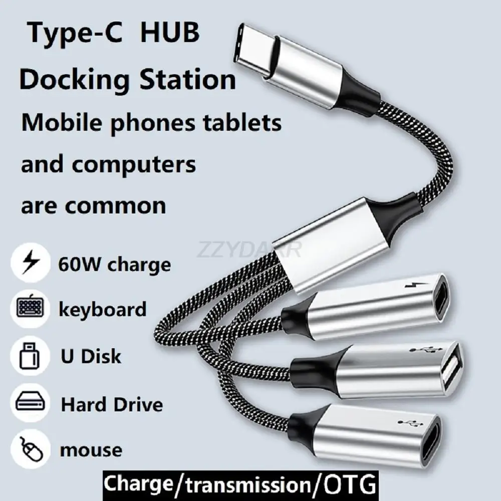 

USB C to USB C Female Adapter OTG USB Splitter Type C Male to USB&2 Type-C Female Cord Converter 3 USB C Port Hub PD 60W Charge