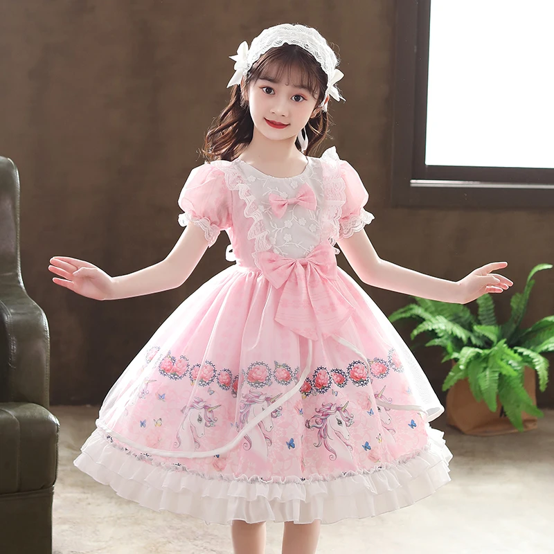 

Floral Lolita Dress for Girls Summer Short Sleeve Flower Printed Tulle Dresses for Girls Toddle Children Performance Costume