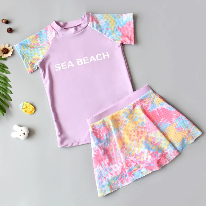 Костюм купальный детский из юбки с длинным рукавом и цветочным принтом на