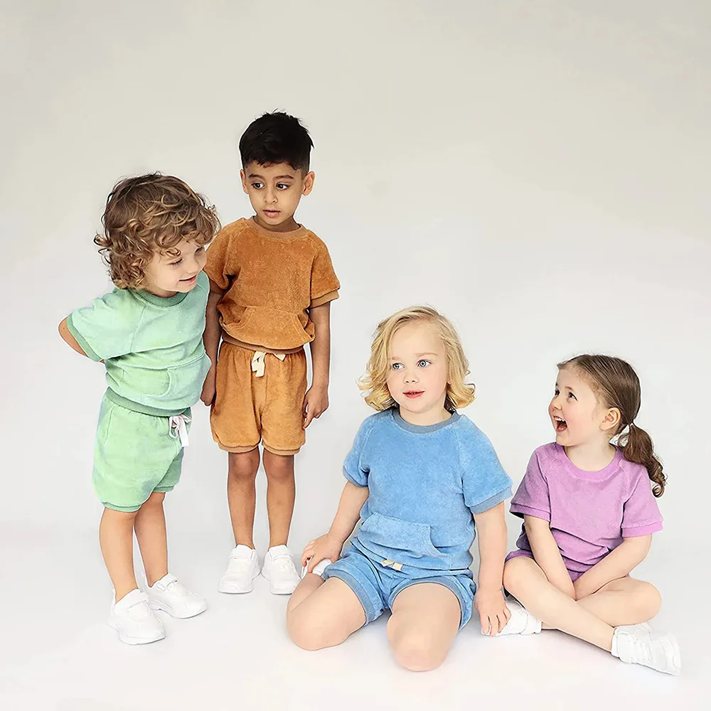 

Children's short sleeve suit 2023 summer boys and girls solid color casual tops and shorts 2-piece set