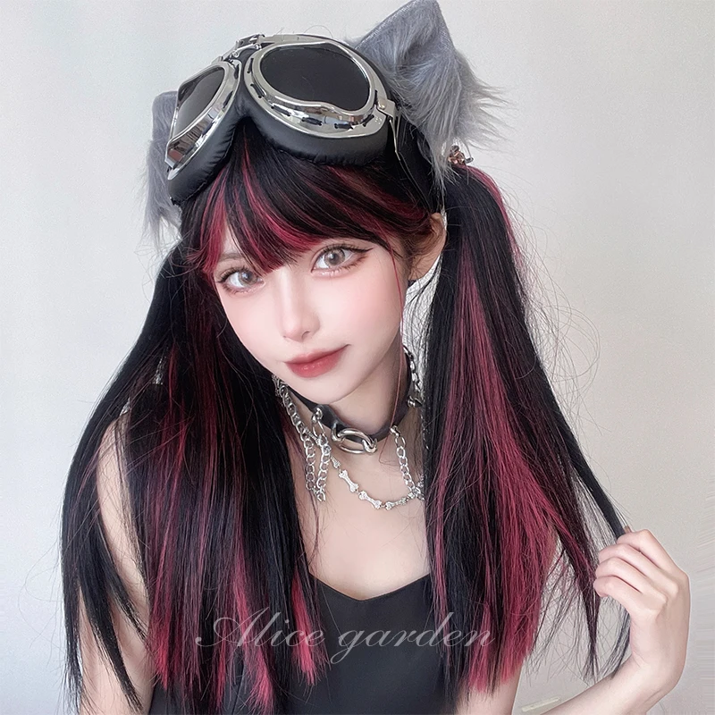 AS Long black mixed with red Synthetic Wig Cosplay Lolita Harajuku Wig With Bangs Natural Wavy Halloween red Daily Wigs