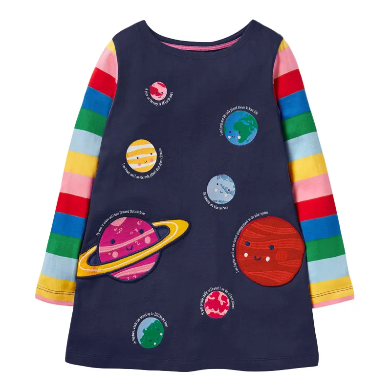 

Little maven 2022 Long Sleeves Dress Universe Solar System Baby Girls Autumn Lovely Clothes Kids Cotton Embroidery Elegant Dress