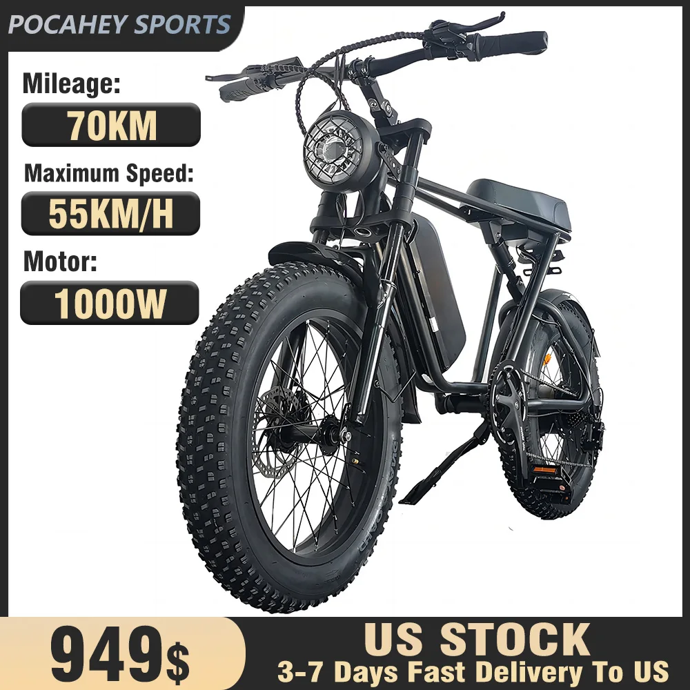 

C91 1000W Adults Electric Bike 48V 20Ah 55km/h Max Speed Mountain EBike 20x4.0 Fat Tires Beach Moped Powerful Electric Bicycle