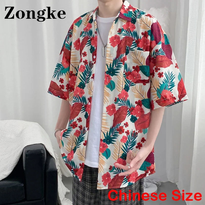 

Пляжная рубашка Zongke с цветочным принтом, Мужская одежда, китайский Размер 2XL, корейская мода, повседневные рубашки для мужчин, уличная одежд...