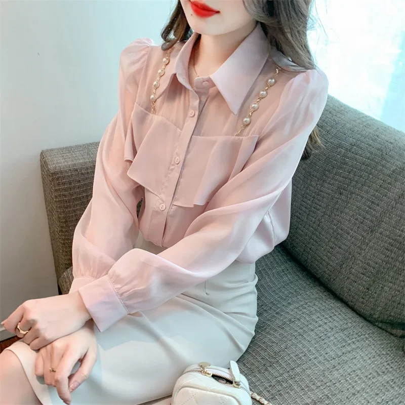 Осень 2023 новая легкая рубашка во французском стиле с рюшами и длинными рукавами