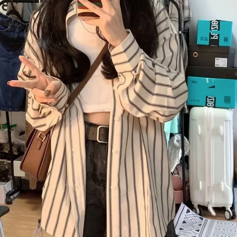 Женская шифоновая блузка с длинным рукавом и полосатым принтом в гонконгском