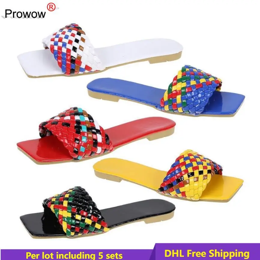 

PROWOW Women Temperament Slippers Braided Design Charm Square Toe Shoes Vacation Beach Flat Sandals Wholesale bulk DHL B2