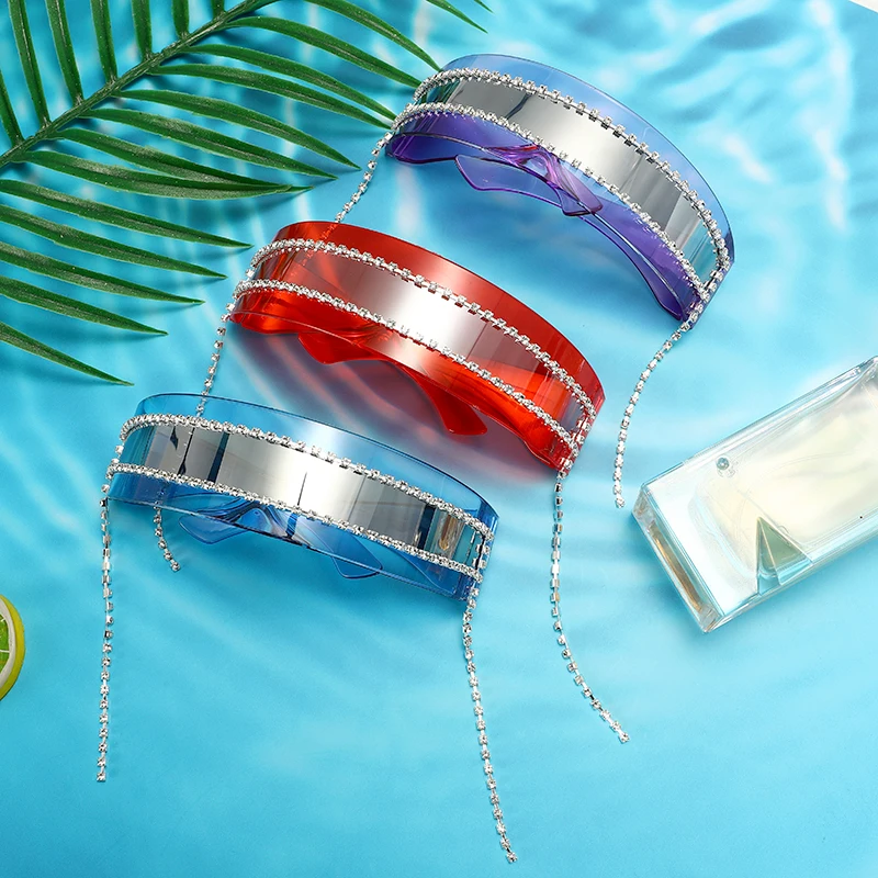 Цельные зеркальные солнцезащитные очки женские прямоугольные стразы с