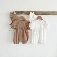 2022 summer baby newborn cotton linen rompers with hat toddler girls short sleeve jumpsuit infant boys bodysuit overall outfits