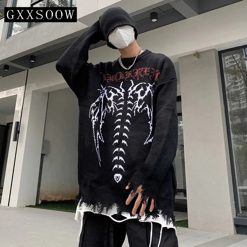 

Свитер Мужской трикотажный в стиле Харадзюку, Свободный пуловер с рисунком скелета, в стиле хип-хоп, уличная одежда, WP077