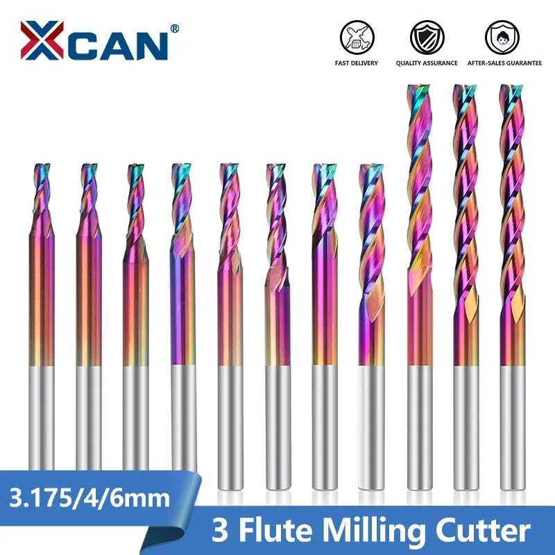 XCAN 3 Flute Flat End Mill 3.175 4 6 mm Shank Spiral Router Bit Super Coated CNC Milling Cutter Carbide Endmill for Woodworking