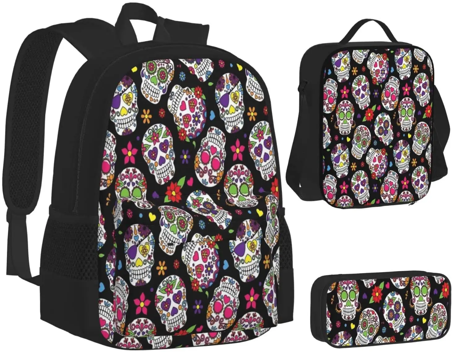 Kids School Backpack Sugar Skull Schoolbag Travel Bag Casual Daypack Lunch Bag Pencil Case for Boys Teens Girls 3pcs Sets
