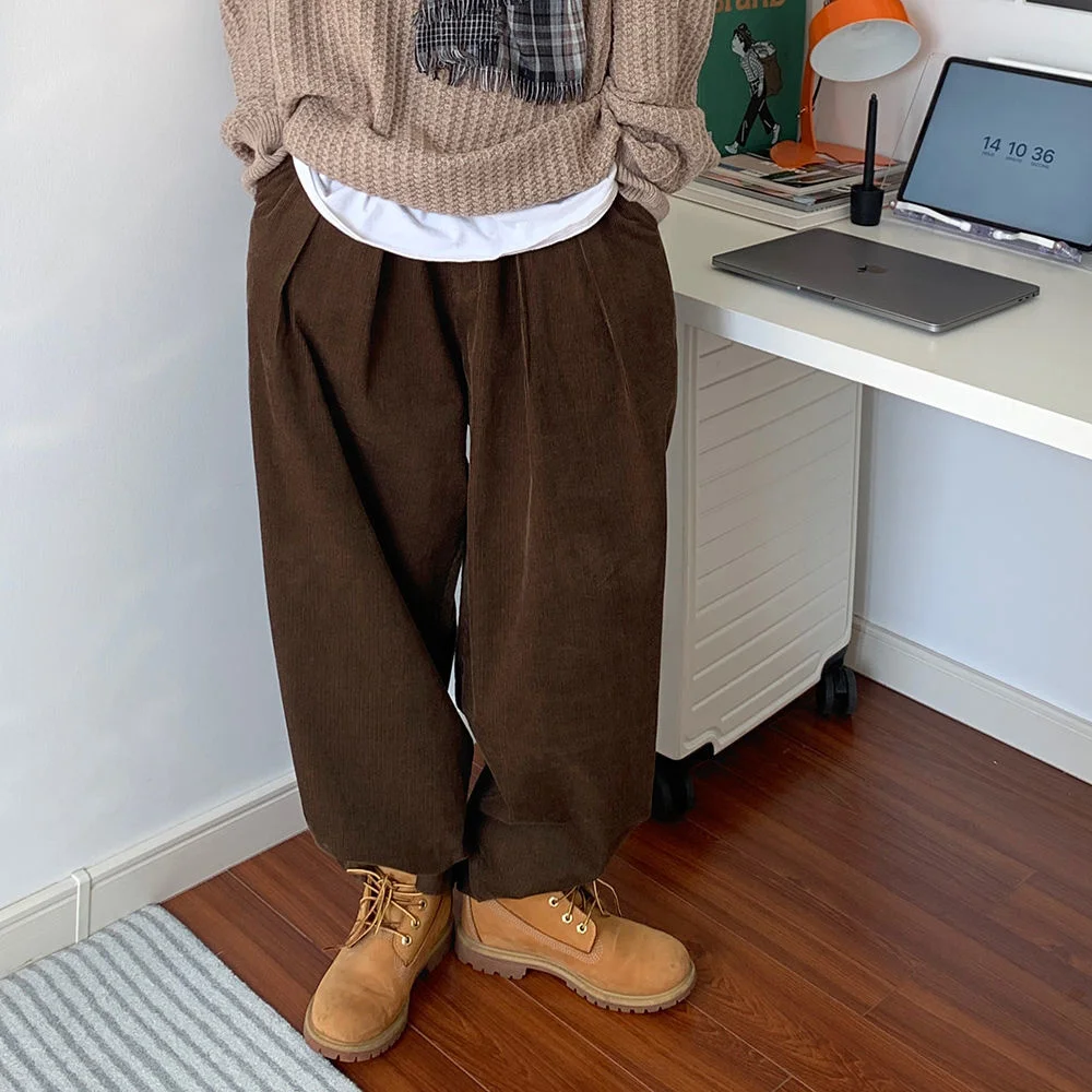 Mens Clothing High Quality Corduroy Slacks Autumn Winter Regular Coffee Grey Wide Legs New Recommend Japanese Boy Design