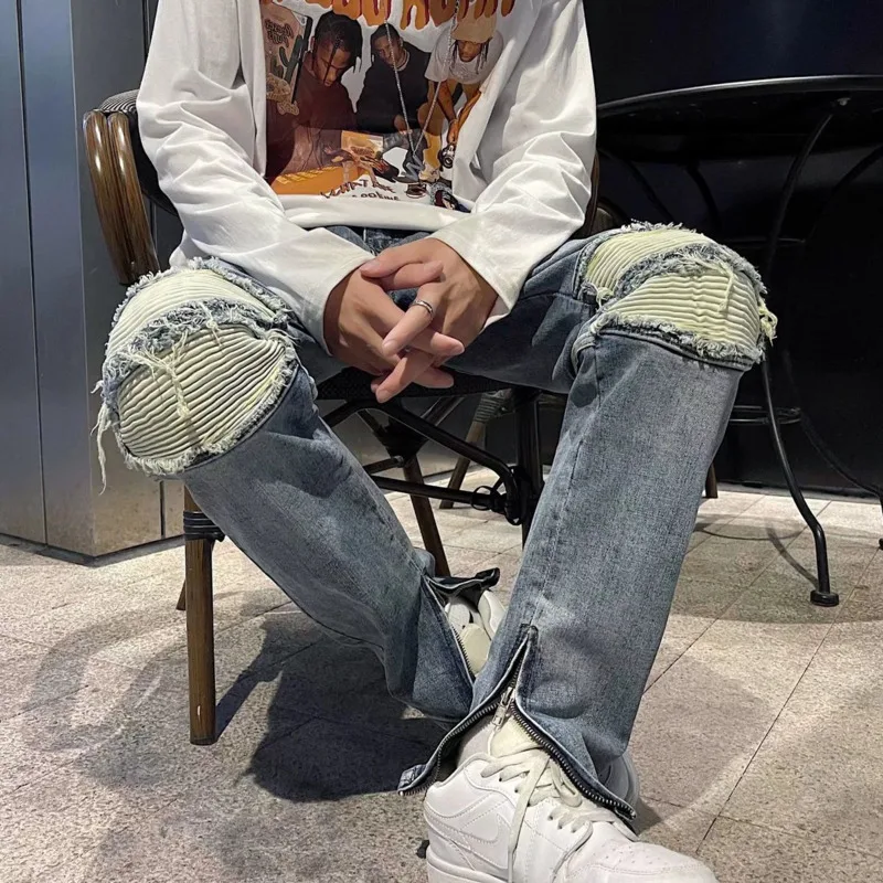 Summer Blue Skinny Jeans Men Slim Fashion Casual Ripped Straight Jeans Men Streetwear Hip Hop Hole Denim Pants Mens Trousers