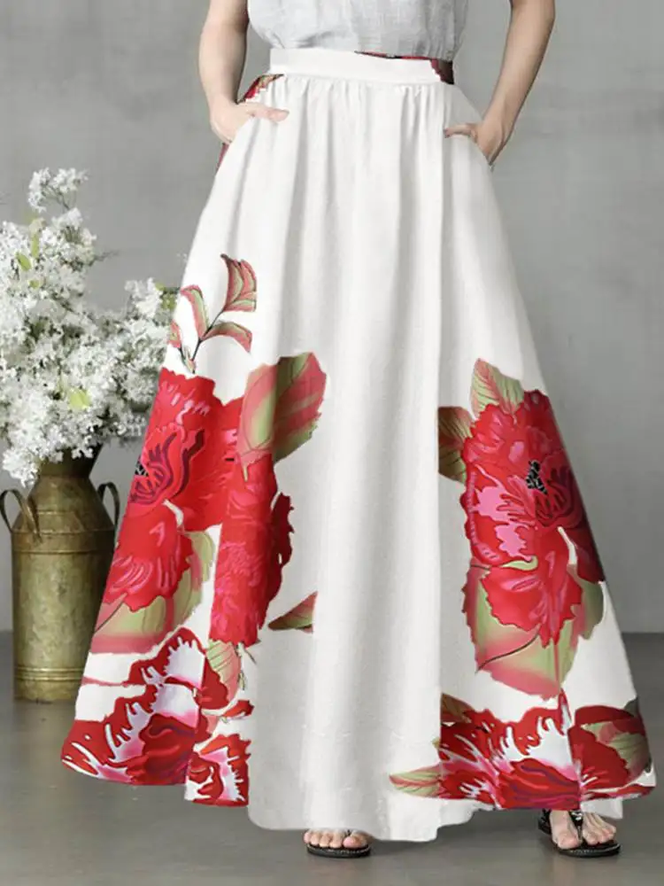 

Celmia Bohemian Party Skirts 2022 Summer Women High Waist Pockets Long Skirt Casual Pleated Printed Maxi Beach Skirt