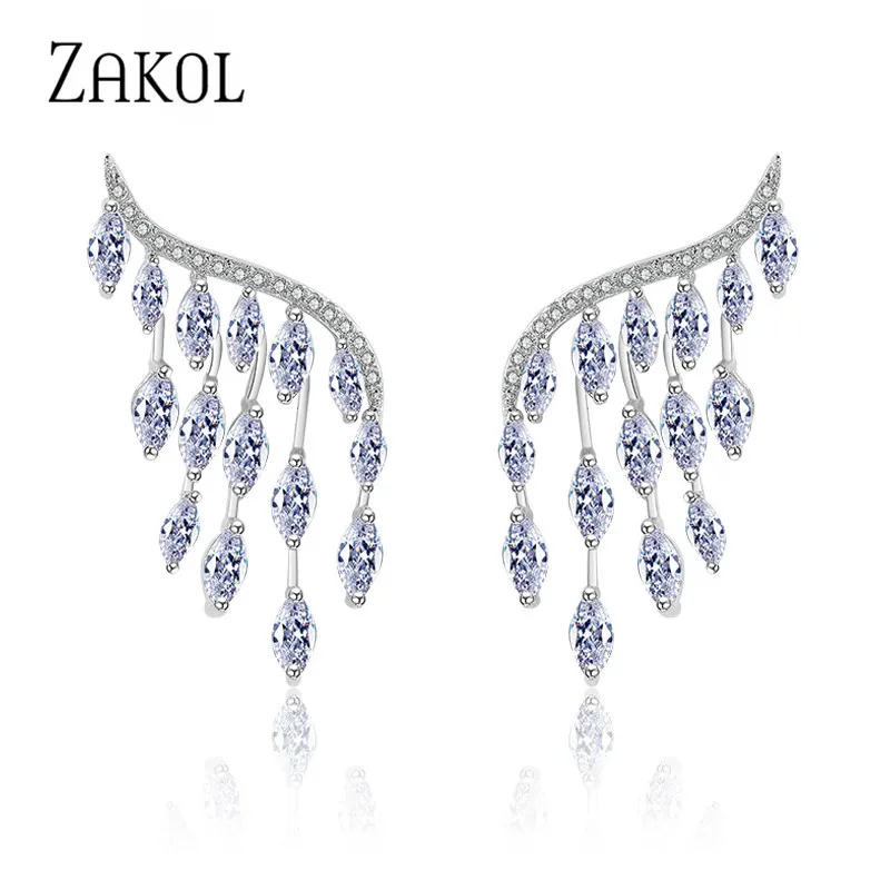 

ZAKOL Trendy White Color Cubic Zircon Angel Wings Tassel Drop Earrings for Women Unique Marquise Crystal Jewelry FSEP598