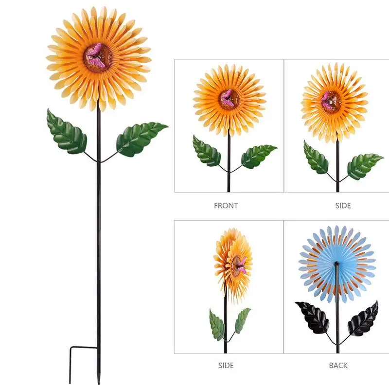 Sunflower Wind Spinner Metal Windmill Powered Kinetic Sculpture Outdoor Yard Art Stake Home Accessories Garden Decorations