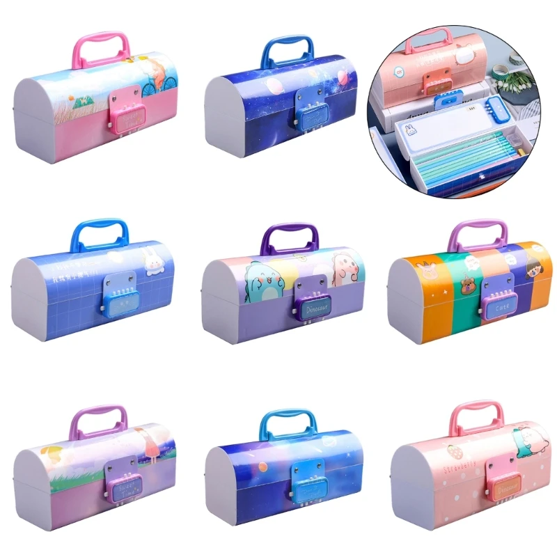 

Large Capacity Pencil Case Cartoon Pencil Box with Password Lock Plastic Stationery Organizer School Supplies for Kids E8BE