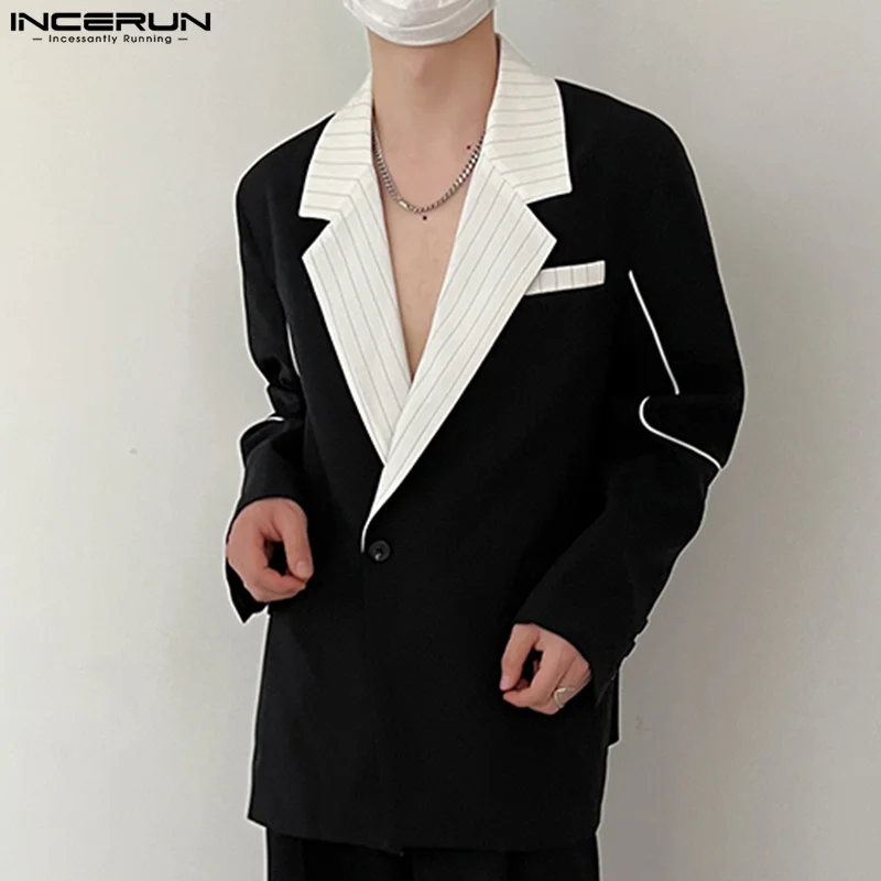 

INCERUN Men Blazer Striped Patchwork Lapel Long Sleeve Streetwear Fashion Casual Suits Men 2023 Korean One Button Thin Coats 5XL