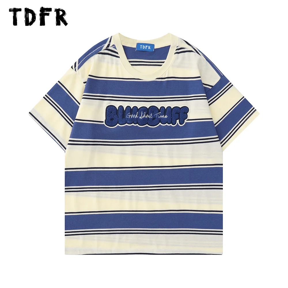

Футболка мужская хлопковая в полоску, Повседневная Свободная рубашка с коротким рукавом и надписью, с вышивкой, с круглым вырезом, уличная одежда, лето