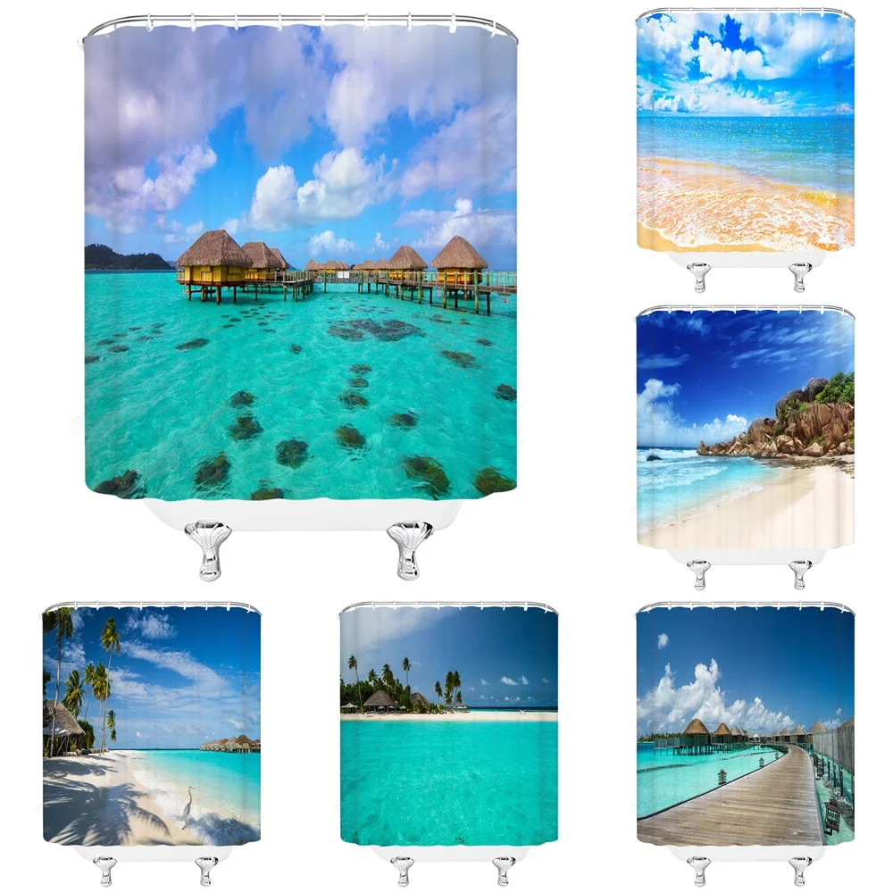

Tropical Beach Shower Curtain Summer Seaside Landscape Blue Ocean Island Palm Trees Sea Scenery Bathroom Curtains Bathtub Screen