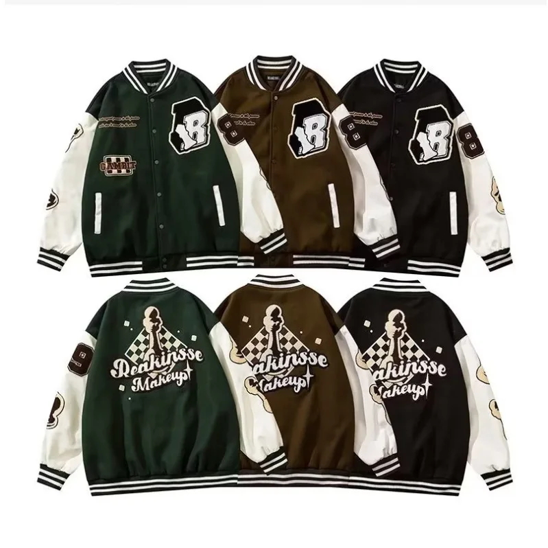 

America Retro Unisex Jacket Couple High Street Spring Autumn Vintage Baseball Coat Loose Letter Embroidery