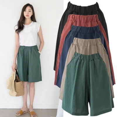 

2022 New Spring Summer Cotton Solid Color High Waist Middle Pants for Woman and Man Elastic Waist Large Size 4XL Casual Shorts