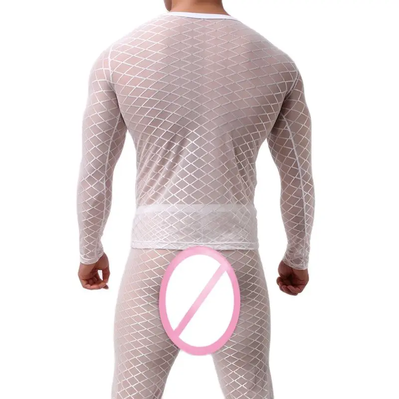 CLEVER-MENMODE Mesh Pajamas Set Men Sleepwear Sexy Fishnet Long Sleeve Erotic Grid Singlet T Shirt Thin Tops Undershirt Pants