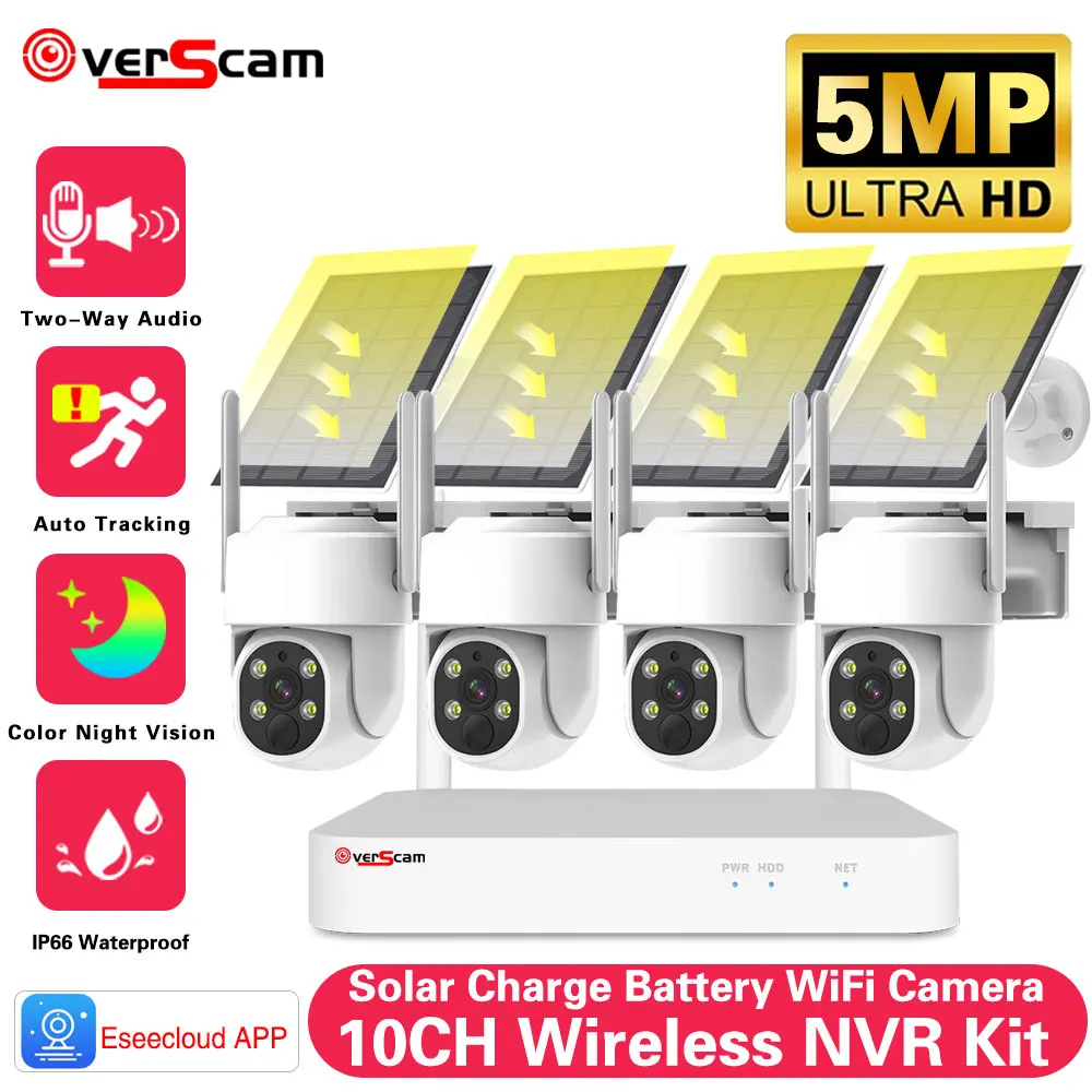 5MP WiFi NVR 4MP Solar Security Powered Wireless PTZ Camera Battery System Home Farm Forest Safe IP Solar Camera CCTV 10CH Kit
